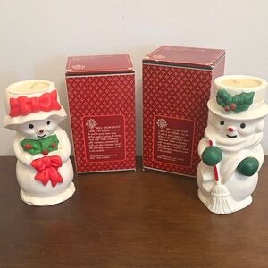 Avon Snowman Candle Holders - Red and Green Accents